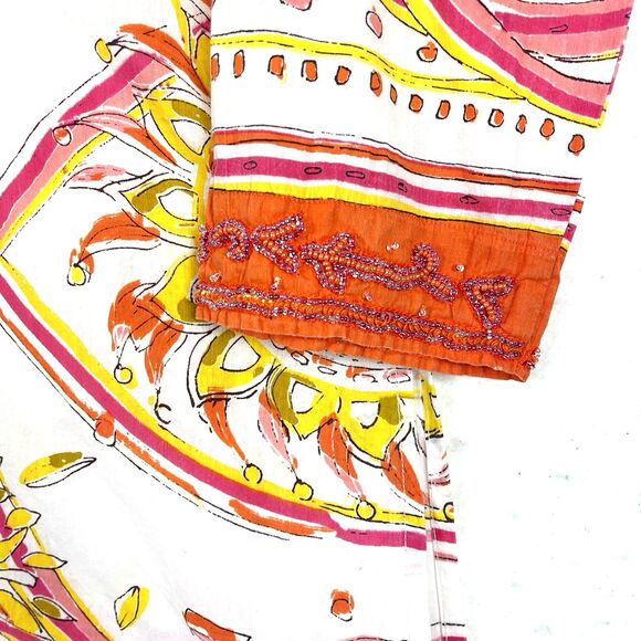 Bohochic Beaded Embellished Tunic  Top Women’s SZ L White Orange Ethnic Festival - Picture 9 of 11